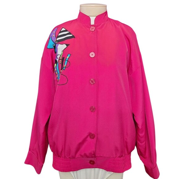 Vtg  Abstract Pink Windbreaker Jacket Women's Sz 8P Blouson 80's 90's Barbiecore - Picture 1 of 6